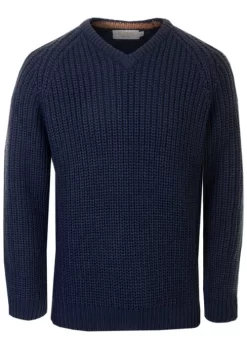Navy V Neck Fisherman Rib Jumper