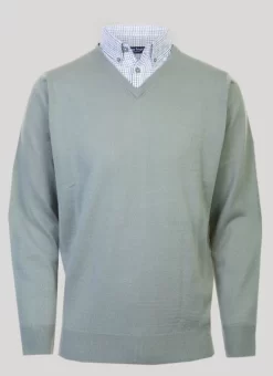 Green Mock Shirt V Neck Jumper