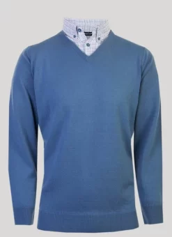 Blue Mock Shirt V Neck Jumper