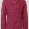 Red V Neck Fisherman Rib Jumper