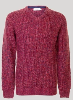 Red V Neck Fisherman Rib Jumper