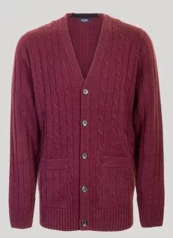 Wine V Neck Cable Cardigan