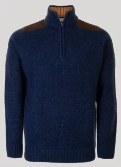 Blue Zip Neck Suede Trim Jumper