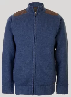 Navy Zip Thru Suede Trim Cardigan