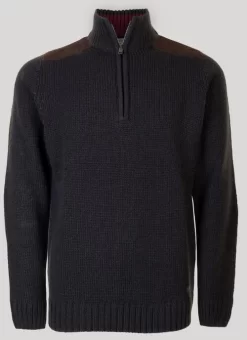 Charcoal Zip Neck Suede Trim Jumper