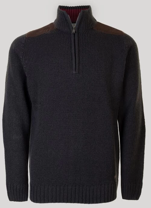 Charcoal Zip Neck Suede Trim Jumper