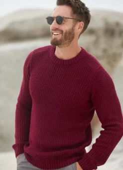 Wine Crew Neck Fisherman Rib Jumper
